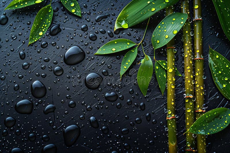 L'immagine digitale del bambù viene mostrata in gocce d'acqua sullo sfondo nero. Questa illustrazione viene generata con l'utilizzo di un'intelligenza artificiale.