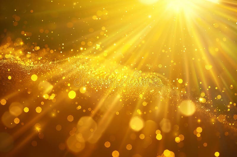 L'immagine digitale di una luce dorata luminosa brilla sullo sfondo con alcune particelle gialle che galleggiano. i raggi solari illustrazione vettoriale