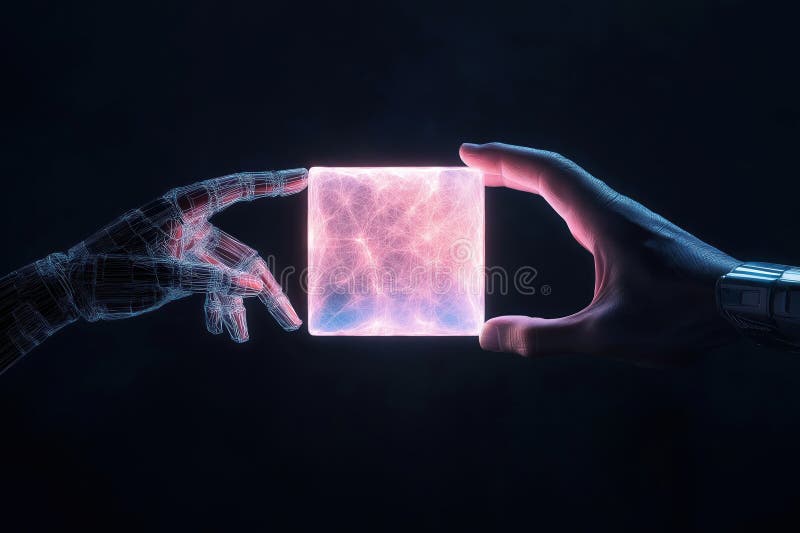 L'immagine futuristica mostra la mano robotica umana che raggiunge per un cubo traslucido. cubo rappresenta la collaborazione tra illustrazione di stock