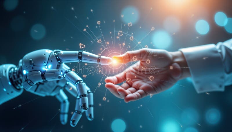 L'immagine futuristica mostra le mani dei robot umani che toccano. concetto tecnologico di fusione di dati ai. collaborazione tra illustrazione vettoriale
