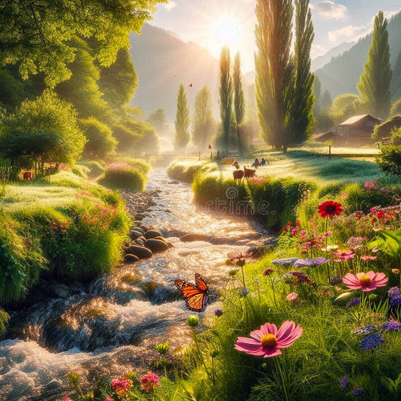 L'immagine generativa che il fiume del villaggio ha fatto fluire dolcemente nel sole mattutino illustrazione vettoriale