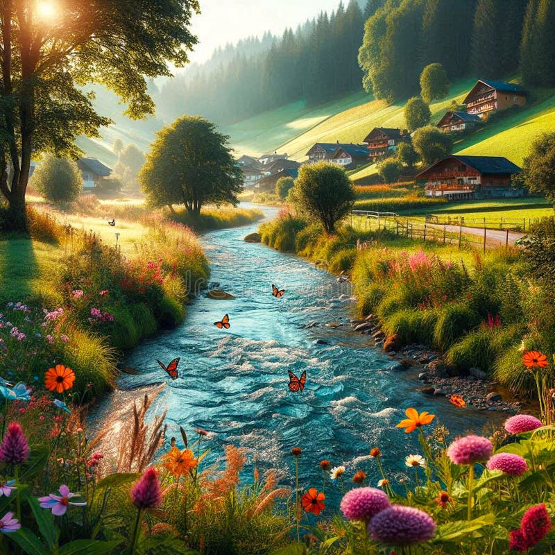 L'immagine generativa del fiume nel villaggio tra le foglie degli alberi di pascolo illustrazione vettoriale