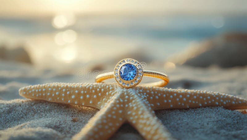 L'immagine ha prodotto un'immagine di un anello di diamanti solitario scintillante su una conchiglia con fondo sulla spiaggia fotografie stock libere da diritti