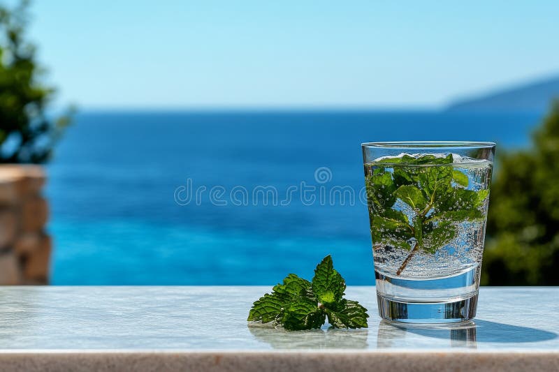 L'immagine ha prodotto un'immagine di un bicchiere d'acqua con una punta di menta che presenta un oceano sullo sfondo fotografie stock