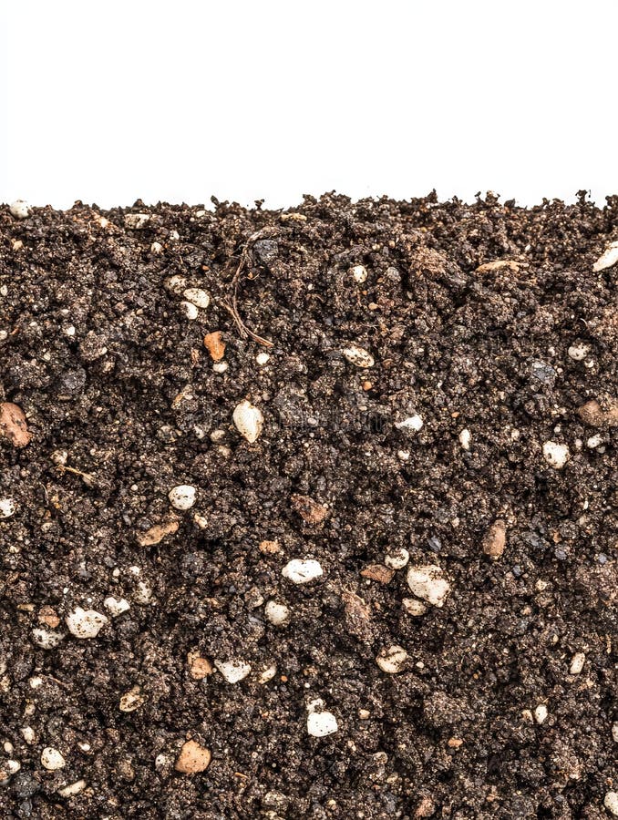 L'immagine mostra la chiusura di una piccola pila di terra marrone scuro su fondo bianco immagini stock libere da diritti
