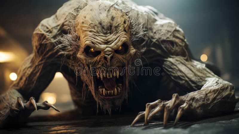 L'immagine realistica di un mostro terrificante in sciopero della morte è apparsa come una macchia. Un mostro da incubo spaventoso si nasconde nelle profondità di uno sfondo da orrore scuro e raccapricciante. creata con la narrazione intricata di modellizzazione su superficie dura nel motore 5 irreale, quest'immagine presenta una forte espressione facciale e riferimenti mitologici. i toni bianchi e di beige scuri si aggiungono all'atmosfera irreale, rendendola un'esperienza visiva davvero tormentosa. prodotto ai