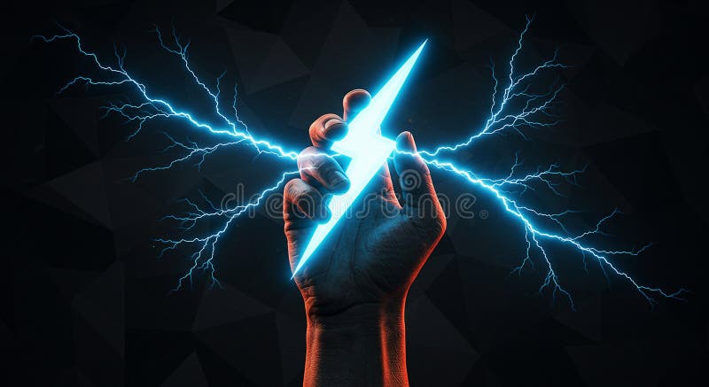 L'immagine è dominata da una mano che afferra un fulmine blu luminoso. Archi elettrici royalty illustrazione gratis