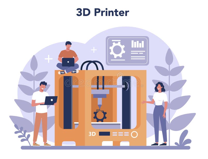 L'impression 3d, l'équipement et l'ingénieur du concept d'imprimante 3d de technologie. illustration de vecteur