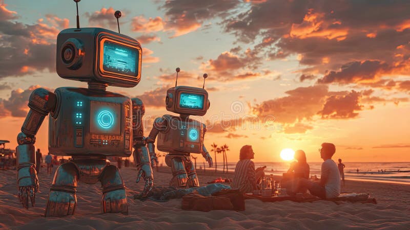 L'incontro futuristico di Robot Beach con diversi gruppi illustrazione vettoriale