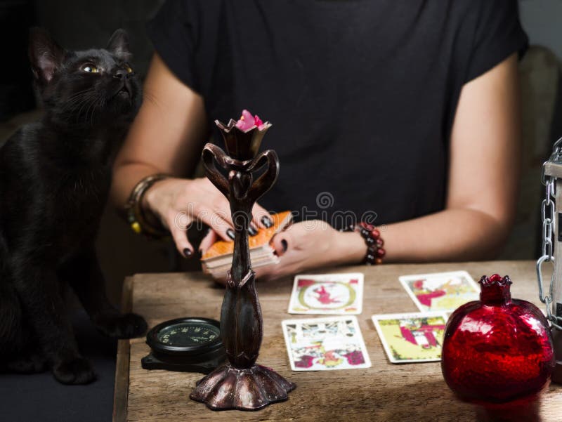 L'indovino presenta su una tavola di legno le carte di tarocchi dalla luce di una lanterna e di una candela Gatto nero che si sie fotografie stock L'indovino presenta su una tavola di legno le carte di tarocchi dalla luce di una lanterna e di una candela Gatto nero che si sie fotografie stock