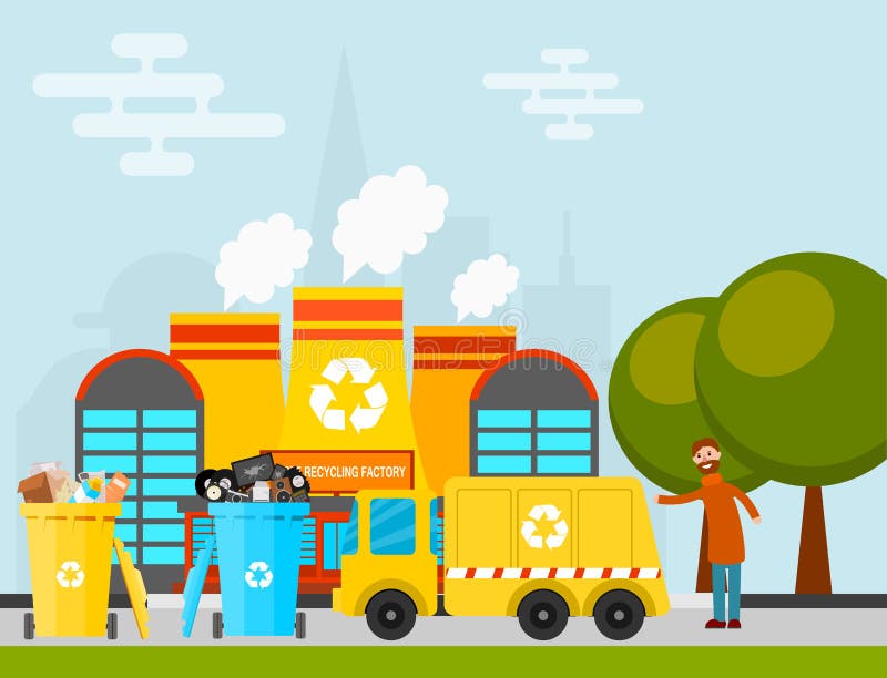 L'industria di trasformazione portata camion della fabbrica di processo dell'immondizia di vettore di riciclaggio dei rifiuti ha illustrazione di stock L'industria di trasformazione portata camion della fabbrica di processo dell'immondizia di vettore di riciclaggio dei rifiuti ha illustrazione di stock