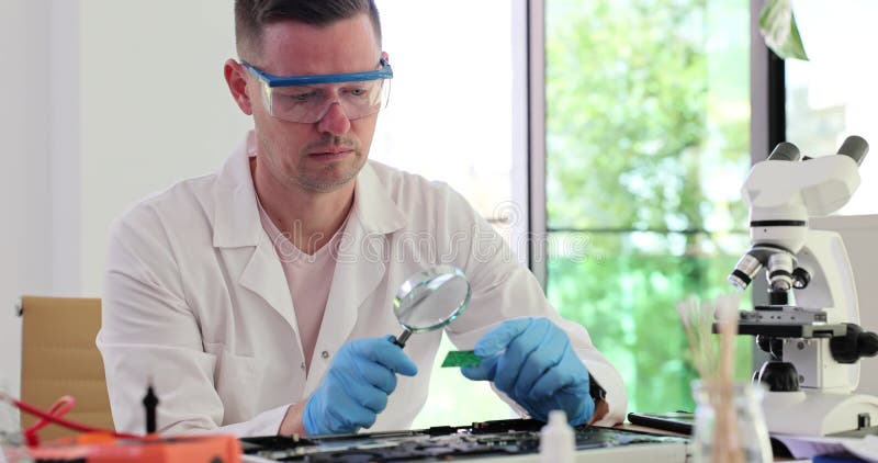 L'ingénieur regarde le microcircuit à travers la loupe en atelier.