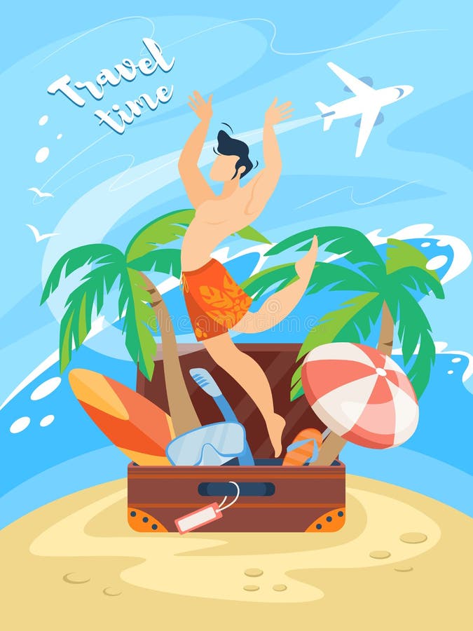 L'insegna di tempo di viaggio, uomo felice nel nuoto mette illustrazione di stock L'insegna di tempo di viaggio, uomo felice nel nuoto mette illustrazione di stock