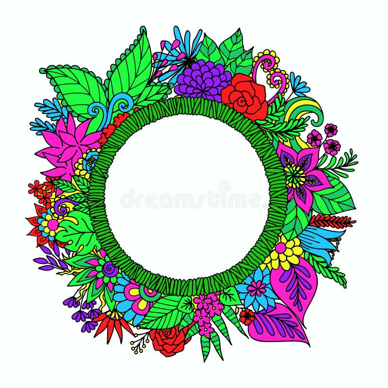 L'insegna rotonda disegnata a mano con i fiori, le foglie e lo spazio della copia per le vostre abitudini manda un sms all'arricc illustrazione di stock L'insegna rotonda disegnata a mano con i fiori, le foglie e lo spazio della copia per le vostre abitudini manda un sms all'arricc illustrazione di stock
