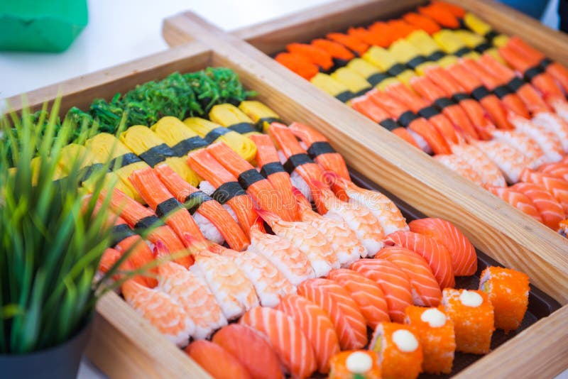 L'insieme dei sushi sul vassoio pronto per mangia fotografia stock libera da diritti L'insieme dei sushi sul vassoio pronto per mangia fotografia stock libera da diritti