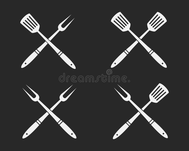 L'insieme del BBQ foggia le icone Forcella e spatola attraversate del barbecue Elementi per il logos di progettazione, emblemi, d illustrazione di stock L'insieme del BBQ foggia le icone Forcella e spatola attraversate del barbecue Elementi per il logos di progettazione, emblemi, d illustrazione di stock