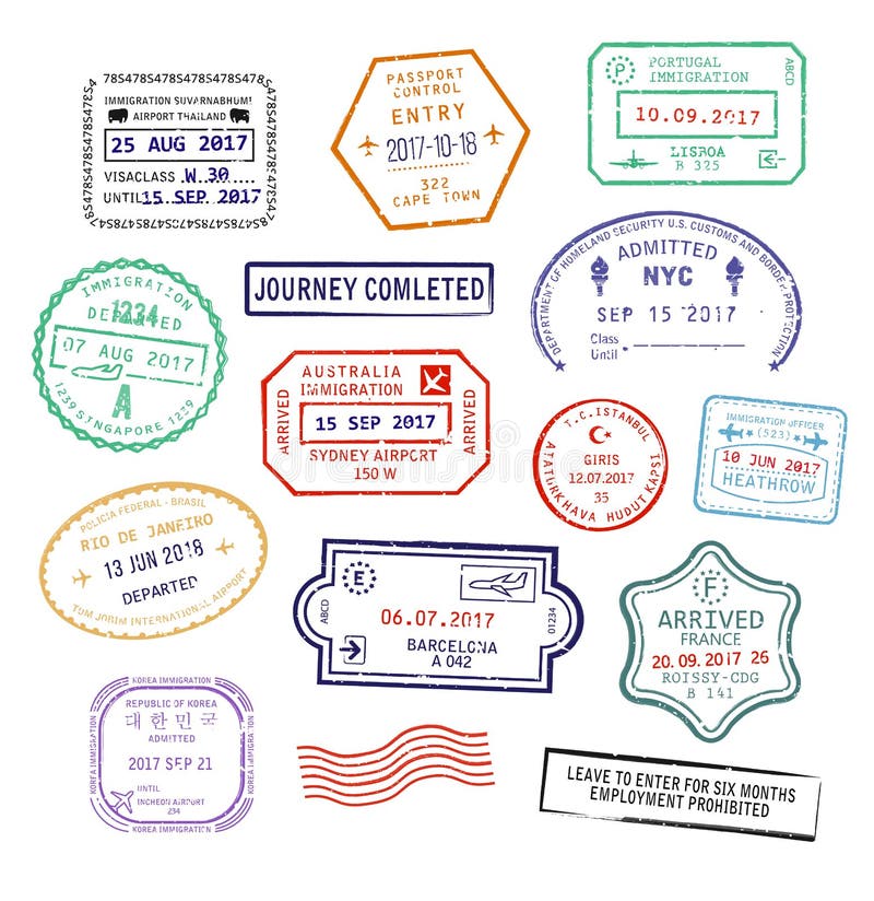 L'insieme del passaporto di visto timbra per il viaggio all'aeroporto, a Singapore o a New York City del Regno Unito Heathrow illustrazione di stock L'insieme del passaporto di visto timbra per il viaggio all'aeroporto, a Singapore o a New York City del Regno Unito Heathrow illustrazione di stock