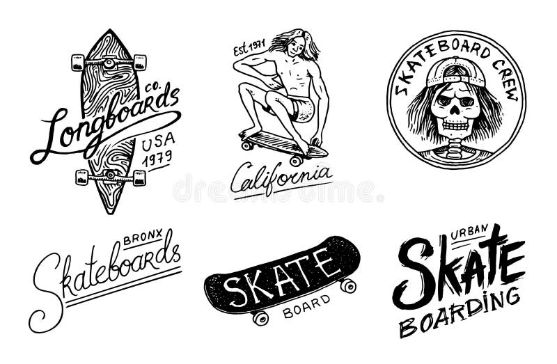 L'insieme del skateboarding identifica il logo Illustrazione di vettore con lo scheletro per il pattinatore Progettazione urbana illustrazione di stock L'insieme del skateboarding identifica il logo Illustrazione di vettore con lo scheletro per il pattinatore Progettazione urbana illustrazione di stock