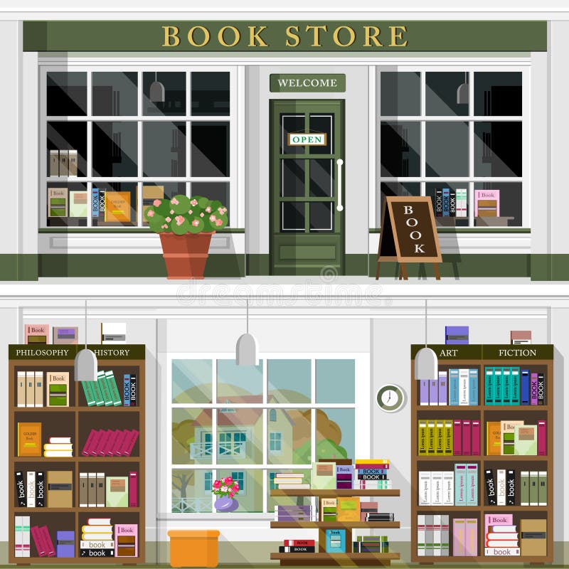 L'insieme del vettore ha dettagliato la facciata e l'interno piani della libreria di progettazione Interior design grafico fresco royalty illustrazione gratis
