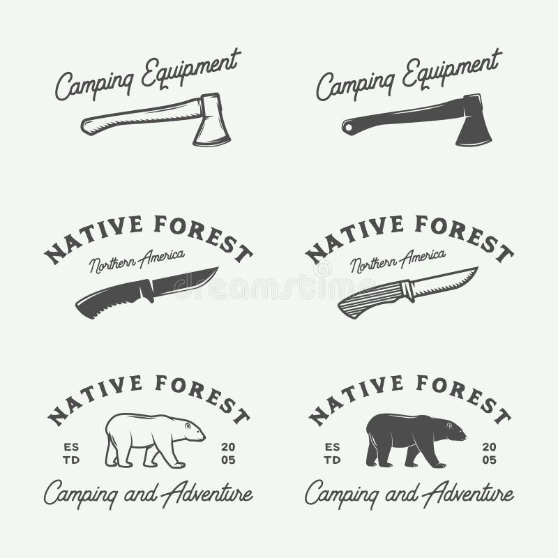 L'insieme dell'annata che si accampa all'aperto ed avventura il logos, distintivi illustrazione di stock L'insieme dell'annata che si accampa all'aperto ed avventura il logos, distintivi illustrazione di stock