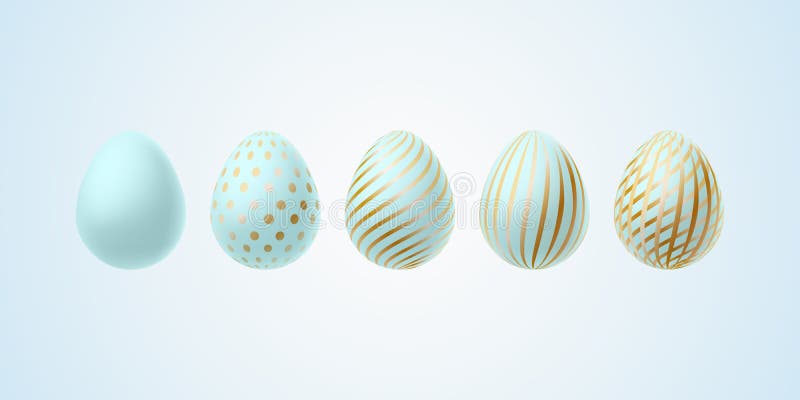 L'insieme dell'uovo di Pasqua delle uova di Pasqua blu di lusso moderne eleganti dell'oro con linee a spirale modello macchietta illustrazione di stock