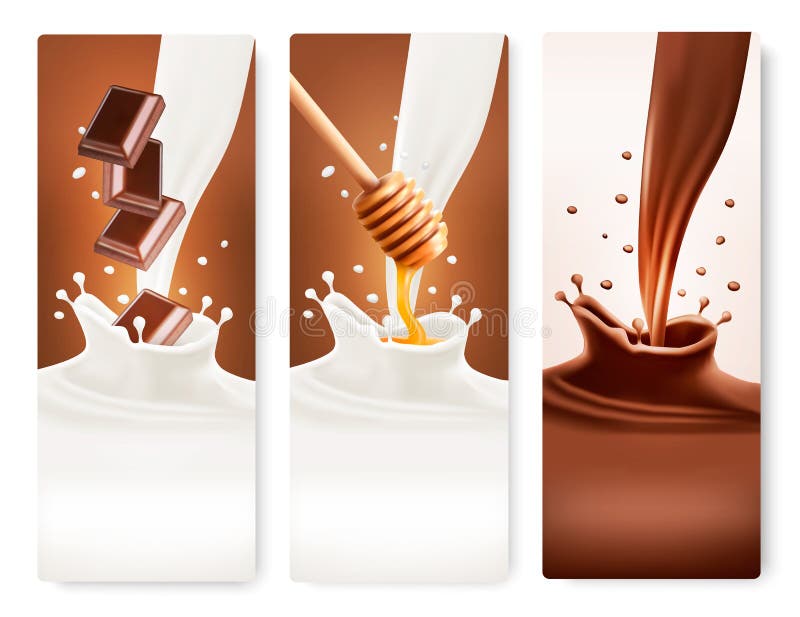 L'insieme delle insegne con cioccolato e latte spruzza illustrazione vettoriale L'insieme delle insegne con cioccolato e latte spruzza illustrazione vettoriale