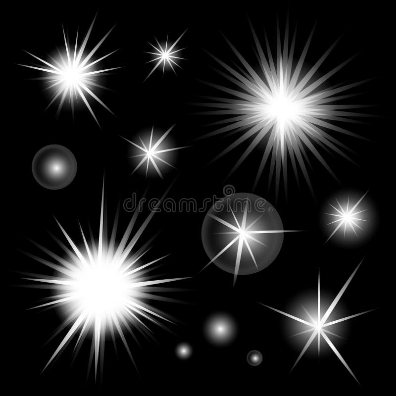 L'insieme delle stelle leggere d'ardore luminose ha scoppiato su fondo nero illustrazione vettoriale L'insieme delle stelle leggere d'ardore luminose ha scoppiato su fondo nero illustrazione vettoriale