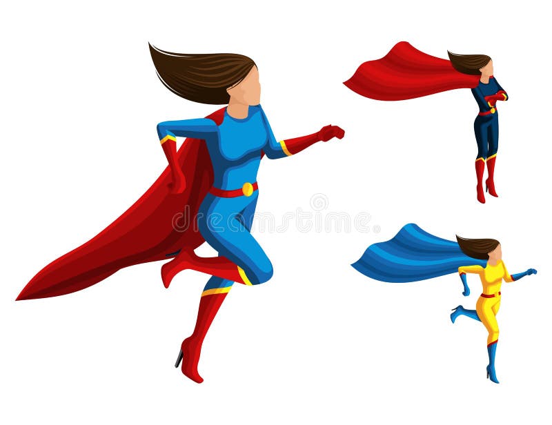 L'insieme di Isometry A delle ragazze del supereroe in vestiti differenti, i funzionamenti, il mantello ed i capelli si sviluppan illustrazione di stock