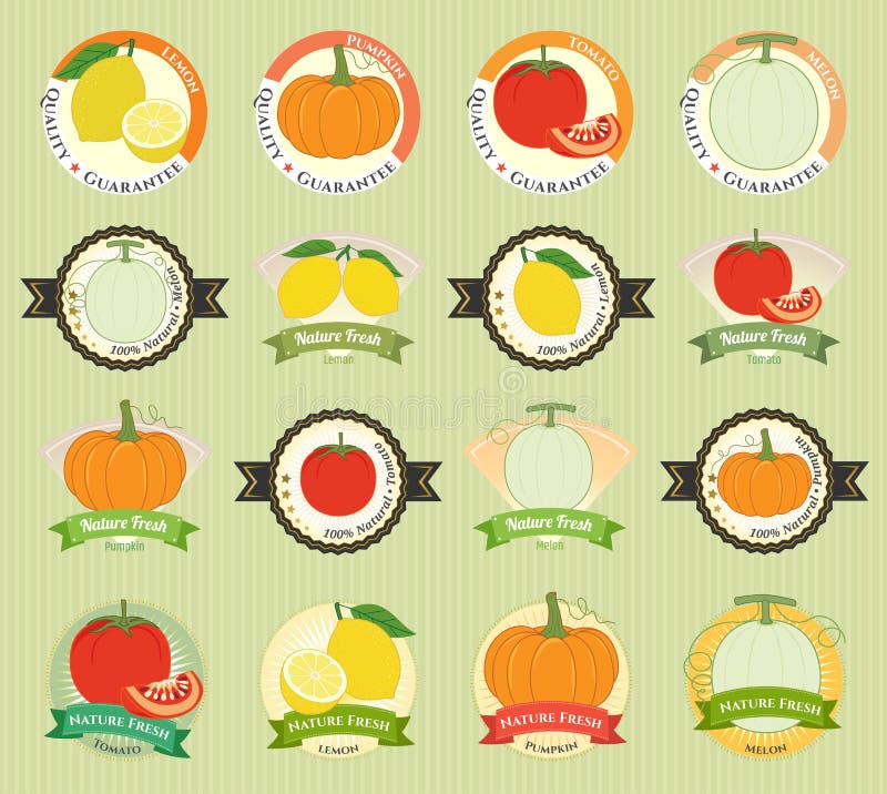 L'insieme di varia qualità premio della verdura e della frutta fresca etichetta illustrazione vettoriale