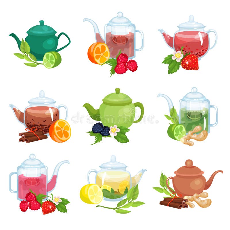 L'insieme di vetro e ceramico della teiera, la tisana naturale con i frutti, le bacche e le erbe vector le illustrazioni royalty illustrazione gratis L'insieme di vetro e ceramico della teiera, la tisana naturale con i frutti, le bacche e le erbe vector le illustrazioni royalty illustrazione gratis
