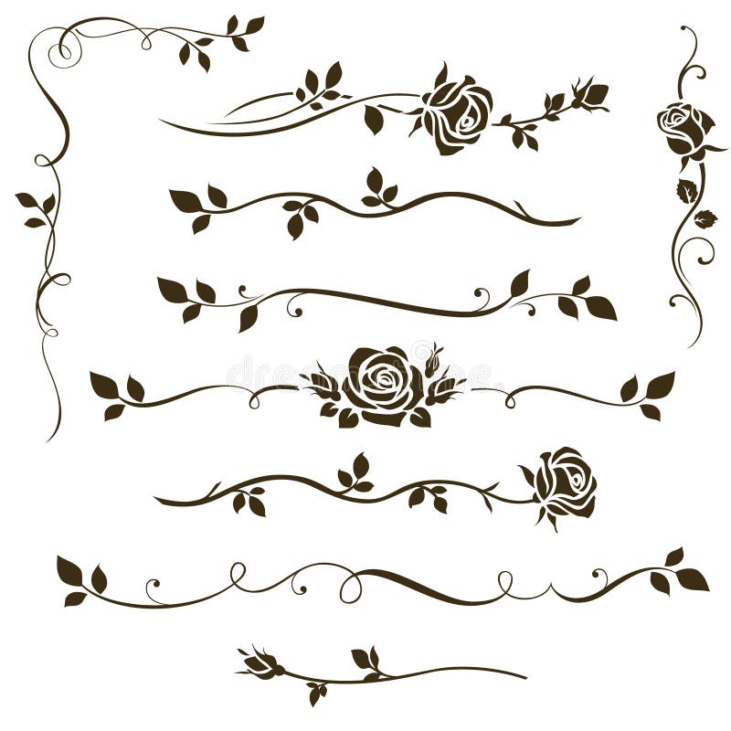 L'insieme di vettore dei divisori floreali, elementi calligrafici, siluette rosa decorative per l'invito di nozze progetta illustrazione di stock