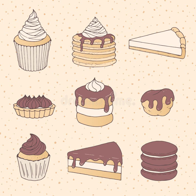 L'insieme disegnato a mano della pasticceria di vettore con il dolce e la torta collega, bigné, illustrazione vettoriale L'insieme disegnato a mano della pasticceria di vettore con il dolce e la torta collega, bigné, illustrazione vettoriale