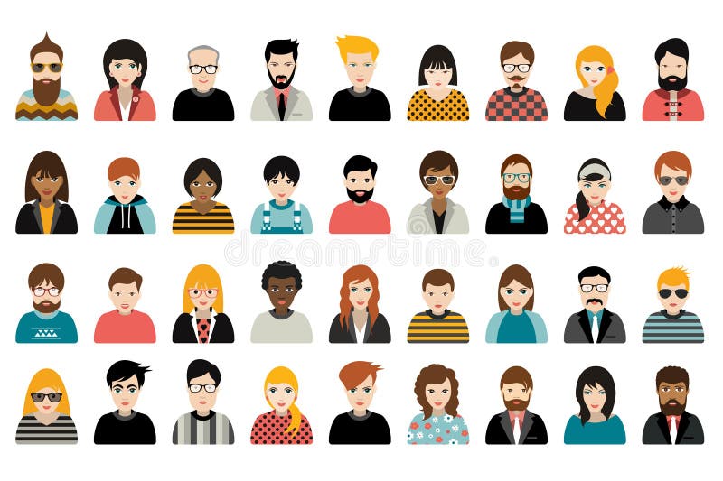L'insieme mega delle persone, gli avatar, la gente dirige la nazionalità differente nello stile piano illustrazione di stock