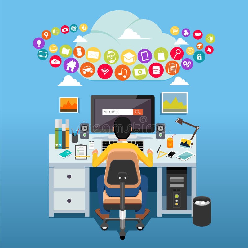 L'Internet contente le concept Équipez se reposer sur la chaise à la table devant l'Internet de accès de moniteur d'ordinateur illustration stock L'Internet contente le concept Équipez se reposer sur la chaise à la table devant l'Internet de accès de moniteur d'ordinateur illustration stock