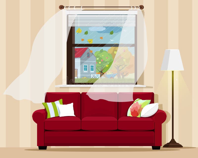 L'interno comodo alla moda della stanza con il sofà, la lampada, la finestra e l'autunno abbelliscono Stile piano
