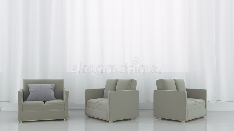 L'interno e tre sofà sul fondo bianco vuoto della parete rappresentazione 3d royalty illustrazione gratis L'interno e tre sofà sul fondo bianco vuoto della parete rappresentazione 3d royalty illustrazione gratis