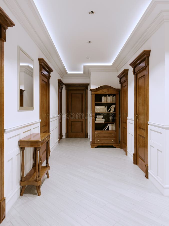 L'interno è un corridoio stile classica con le pareti ed i pannelli di parete bianchi e la mobilia e le porte di legno royalty illustrazione gratis L'interno è un corridoio stile classica con le pareti ed i pannelli di parete bianchi e la mobilia e le porte di legno royalty illustrazione gratis