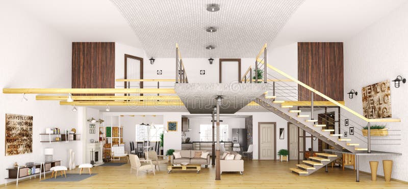 L'intérieur moderne d'appartement de grenier dans 3d coupé rendent illustration libre de droits L'intérieur moderne d'appartement de grenier dans 3d coupé rendent illustration libre de droits