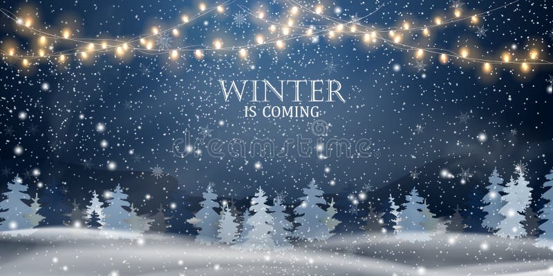 L'inverno sta venendo Natale, notte, paesaggio del terreno boscoso di Snowy Paesaggio di inverno di festa per il Buon Natale con illustrazione di stock L'inverno sta venendo Natale, notte, paesaggio del terreno boscoso di Snowy Paesaggio di inverno di festa per il Buon Natale con illustrazione di stock