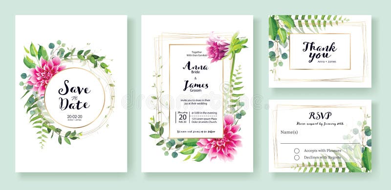 L'invitation de mariage, font gagner la date, merci, calibre de design de carte de rsvp Vecteur Fleurs roses de dahlia, feuille d