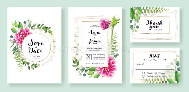 L'invito di nozze, conserva la data, grazie, modello di progettazione di carta del rsvp Vettore Fiori rosa della dalia, foglia de royalty illustrazione gratis L'invito di nozze, conserva la data, grazie, modello di progettazione di carta del rsvp Vettore Fiori rosa della dalia, foglia de royalty illustrazione gratis
