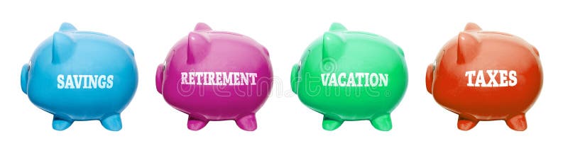 L'iwith de tirelires marque l'ÉPARGNE, RETRAITE, VACANCES, IMPÔTS images libres de droits L'iwith de tirelires marque l'ÉPARGNE, RETRAITE, VACANCES, IMPÔTS images libres de droits