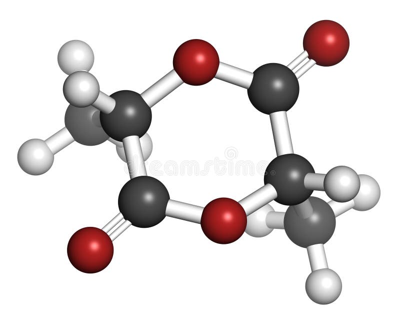 L-lactide PLA precursor molecule. Used in synthesis of polymeric polylactic acid polylactide, polylactate plastic.