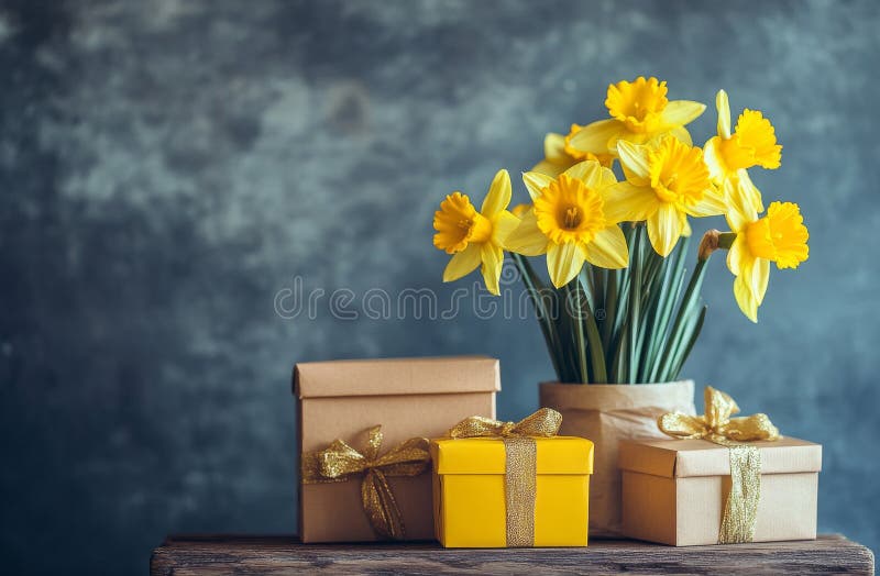 L'8 marzo, un bouquet di fiori gialli bianchi e verdi narcisus accompagnato da fotografie stock libere da diritti