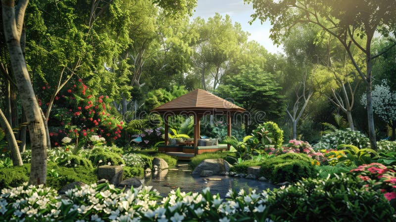 Tranquil garden oasis, a perfect retreat with a pavilion and blooming greenery. Private retreats. AI generated. Tranquil garden oasis, a perfect retreat with a pavilion and blooming greenery. Private retreats. AI generated