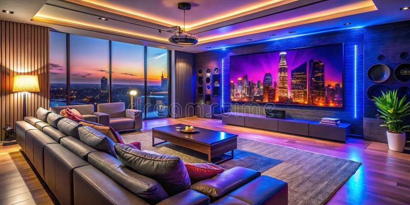 L'oasi urbana è un design elegante per l'home theatre moderno con altoparlanti di alta fedeltà e illustrazione di stock