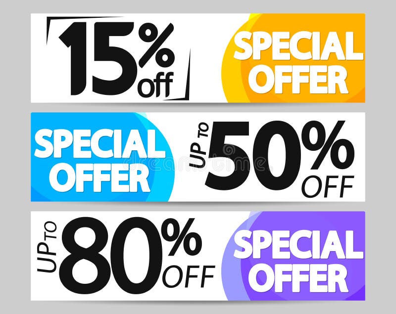L'offerta speciale, ha messo le insegne di web di vendita progetta il modello, 15% 50% 80% fuori, illustrazione di vettore illustrazione vettoriale L'offerta speciale, ha messo le insegne di web di vendita progetta il modello, 15% 50% 80% fuori, illustrazione di vettore illustrazione vettoriale