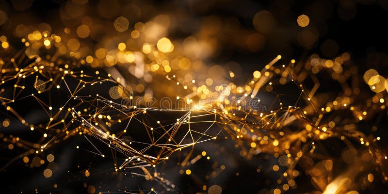 L'oggetto sfera dorata che si collega tra loro con le linee multiple. aigx03. Oggetto forma sfera brillante dorata connesso al collegamento della linea luminosa che rappresenta la connessione tra ciascuna sfera a qualcosa di simile alla rete o ai generati