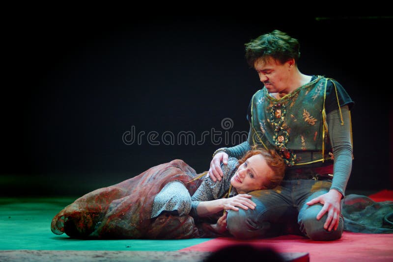 Barnaul, Russia-January 12, 2020. Theater actors in costumes play in the play `Romeo and Juliet`. Barnaul, Russia-January 12, 2020. Theater actors in costumes play in the play `Romeo and Juliet`