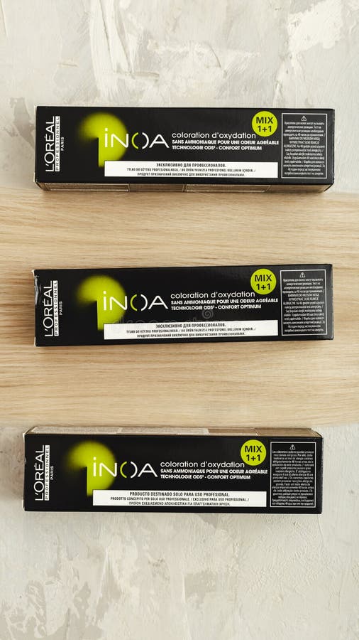 L`oreal Professionnel Paris Inoa Coloration. Set of Professional Hair Dye  in Boxes for Hairdressers with Strand of Blonde Hair on Editorial Stock  Image - Image of color, equipment: 165341359